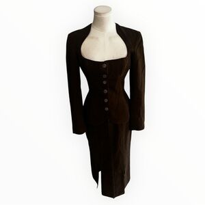 ALAIA Brown Wool Blend Jacket Blazer Skirt Set Suit Slits Designer Luxury 4 6 8